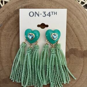 ON 34th, Emerald Green and Gold Heart Tassel Seed Bead Earrings
